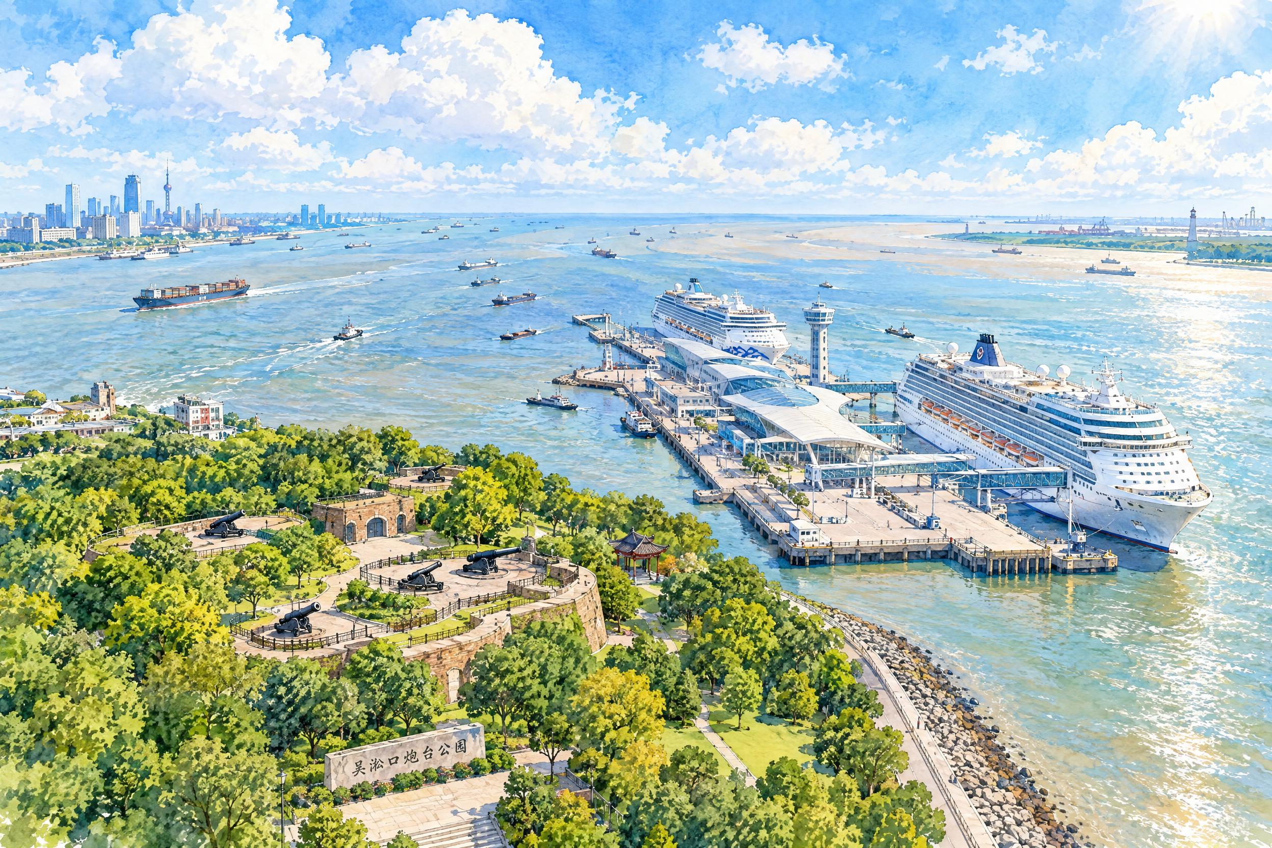 上海吴淞口航拍视角手绘风格插画，画面包含宽阔的长江入海口，江水… - 图片创意预览