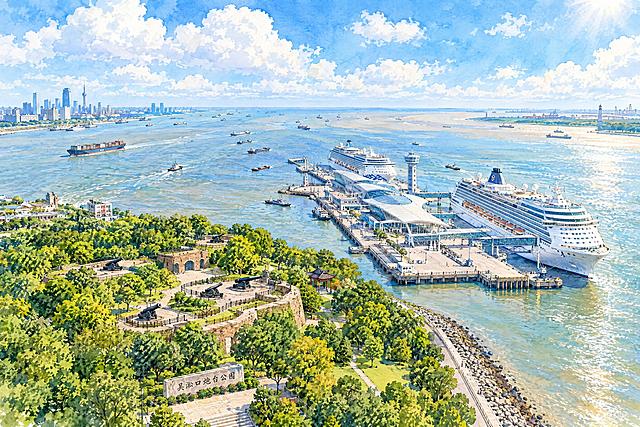 上海吴淞口航拍视角手绘风格插画，画面包含宽阔的长江入海口，江水浩荡奔流，吴淞口炮台公园坐落于江畔，古炮台与绿树掩映，上海吴淞口国际邮轮港停靠着大型豪华邮轮，码头设施清晰可见，天空中蓝天白云朵朵，阳光明媚，整体为清新温暖的手绘水彩插画风格，笔触细腻柔和，色彩明快通透，构图开阔大气，3:2横版比例