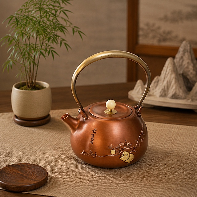 铜壶严格参照上传产品图https://gdesign-dam-hz.dancf.com/36983680369149041/f4721dc3ea1c43bb9593e3f790aca224.jpg，完整保留所有可见组件、部件、轮廓形状、结构、比例、材质质感、颜色与产品本体上的文字信息，与上传图完全一致。
生成新中式室内茶室桌面场景，保留参考图https://2.jpg骨架，暖棕新中式色调，保持产品居中放置在亚麻桌布上，组合语境搭配绿植与禅意摆件，柔和漫射侧前方光线，产品受光面泛起暖棕暖色，暗部映射浅麻灰色光晕，与环境物理融合。
相似度50%，相对参考图偏转20°微侧视角。
全量换款清单：①承载面：参考图浅麻色亚麻桌布 → 生成图卡其色亚麻茶席（同为亚麻织物，更换颜色纹理）；②绿植：参考图上方迎客松枝 → 生成图文竹小盆栽（同为绿植，更换品类）；③摆件：参考图后方法式禅意假山 → 生成图新中式假山陶瓷摆件（同为陶瓷假山，更换造型）；④小托盘：参考图左下角红色长方形金属托盘 → 生成图左下角圆形实木杯垫（同属桌面配件，更换材质造型）。
消除参考图中所有营销文字、边框和装饰。
风格：新中式茶室布置。
配色/材质：暖棕/卡其/米白/松绿/陶土色；紫铜/黄铜/亚麻/陶瓷/实木。
严格锁定宽高比为 1:1。4K分辨率