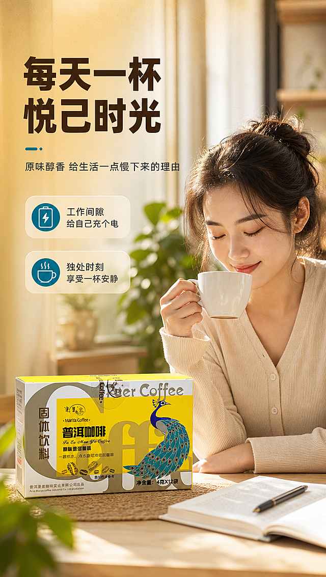 [商品] 使用【图1】漫崖普洱咖啡原味速溶咖啡盒装；保留包装盒全部原貌，产品与咖啡杯同框清晰展示。
[画面] 页面目标：模特生活方式展示，营造品质日常氛围。构图：右侧亚洲年轻女性（25-35岁，气质清爽）半身入镜，坐在明亮的窗边书桌前，左手持白色咖啡杯，低头轻嗅咖啡香气，表情放松愉悦；左侧桌面自然摆放产品包装盒，产品占画面约40%，模特占画面约50%；背景为虚化的明亮室内环境，有绿植与自然光，前中后三层景深；整体氛围治愈、有生活质感。
[视觉] 套系策略：风格=暖调高级商业摄影风，精致有食欲；标题字=现代无衬线粗黑体，厚重有力；正文字=简洁无衬线中黑体；主色=明黄色+深咖啡棕；背景延展=基于明黄与咖啡棕做深浅渐变、同色系层次和细腻纸张/颗粒质感；强调色=孔雀蓝，仅用于小面积图标、引线和标签点缀；标题色=深咖啡棕；正文色=中暖灰；组件=圆角半透明信息卡；光影=右侧自然光为主，柔和暖调，人物与产品有自然阴影。
[文字] 左上留白处主标题：每天一杯 悦己时光；副标题：原味醇香 给生活一点慢下来的理由；2个情绪短句：①工作间隙 给自己充个电 ②独处时刻 享受一杯安静；文字横向排版，不遮挡人物脸部与产品主体；所有文字均为简体中文。
[规格] 图片比例9:16竖版，分辨率4K，quality=medium；负向提示：避免变形、错字、文字过小、模特表情僵硬、产品模糊、冷蓝灰色调、虚假功效、极限词。