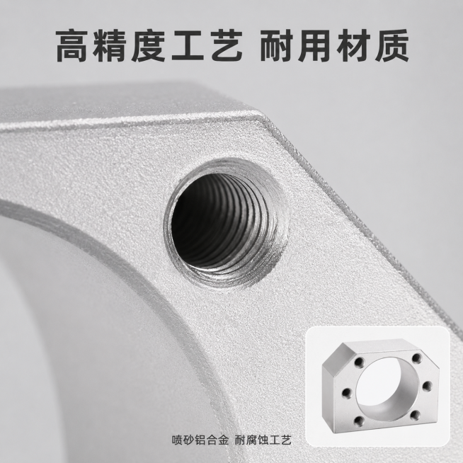 「图片1」，生成一套主图（5张），商品名称是 天耀传动 滚珠丝杆螺母座，卖点是超轻减重、耐腐蚀、易安装，风格是工业极简风，适配淘宝/天猫平台，主图比例为1:1预览效果