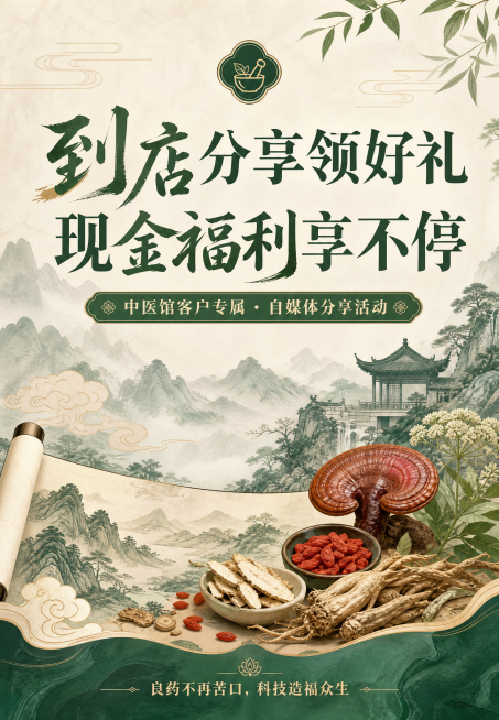 设计中医馆活动DM单正面，主标题为"到店分享领好礼 现金福利享不停"，副标题为"中医馆客户专属・自媒体分享活动"，底部为"良药不再苦口，科技造福众生"，整体采用国潮中式养生风格，米色搭配绿色，结合中药预览效果