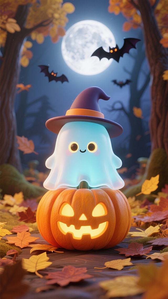 软3D风可爱鬼魂戴巫师帽，坐于发光南瓜上，秋叶飘落，月夜蝙蝠飞舞，拟人化设计营造梦幻温馨的万圣节氛围。