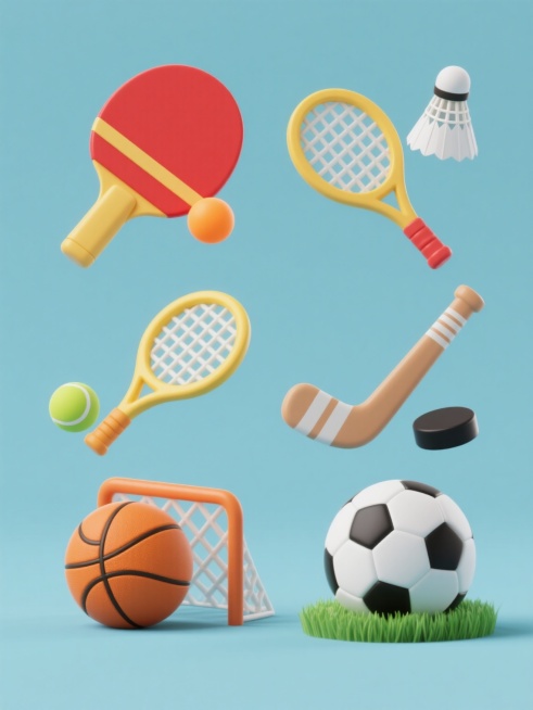 3D render, six sports-themed icons arranged in a neat grid on a solid pure color background, minimal modern style, each icon featuring smooth rounded edges and matte plastic texture with subtle grad……预览效果