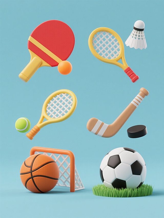 3D render, six sports-themed icons arranged in a neat grid on a solid pure color background, minimal modern style, each icon featuring smooth rounded edges and matte plastic texture with subtle gradient highlights, first icon: red table tennis racket with yellow handle and orange ping pong ball, second icon: badminton racket with white strings and white shuttlecock, third icon: yellow tennis racket with green tennis ball, fourth icon: hockey stick and puck, fifth icon: basketball net with orange basketball, sixth icon: soccer ball on green grass, soft shadows beneath each object, bright even lighting from top front, no text, no logos, no watermarks, clean and simple composition.