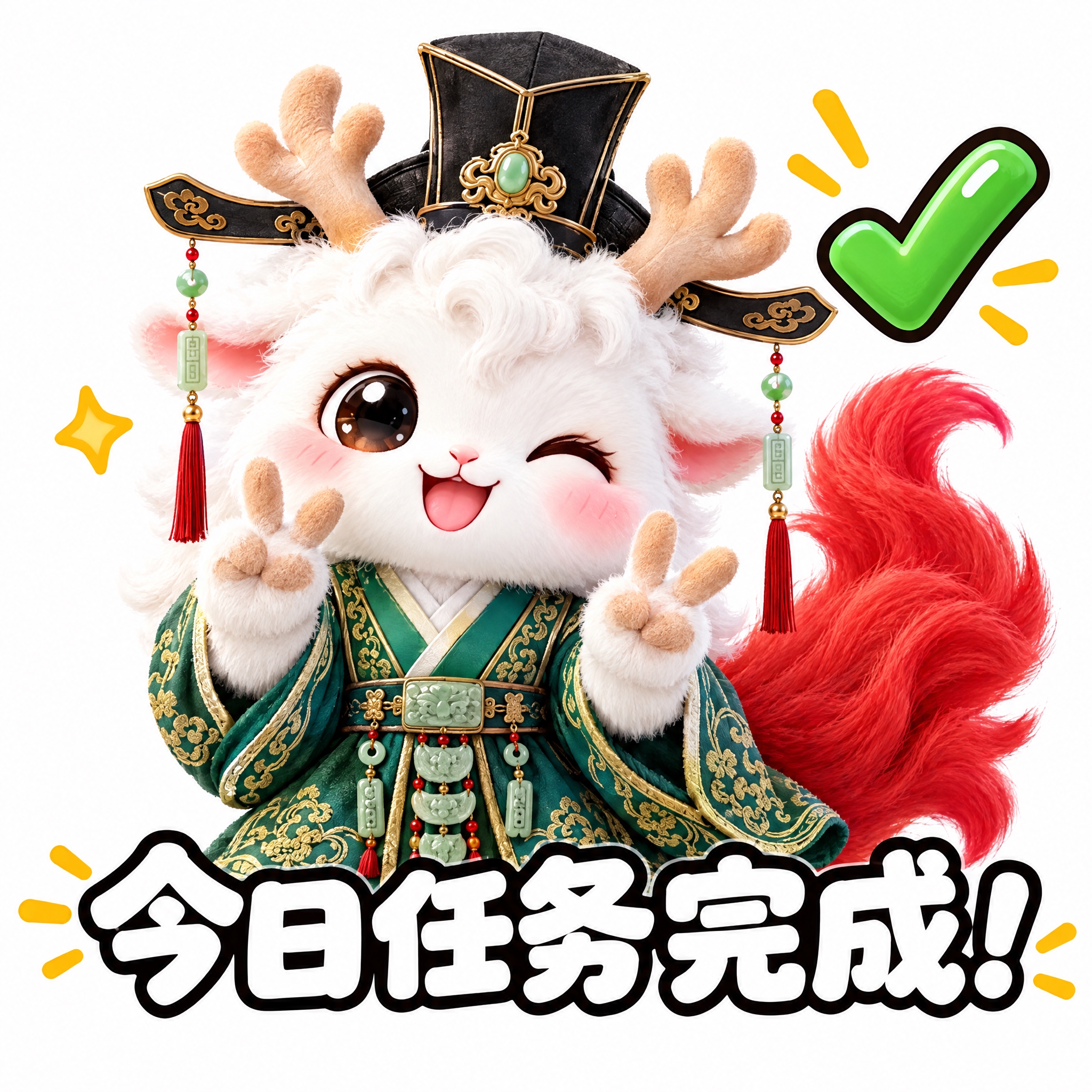 参考图中的白色鹿角神兽（穿绿色汉服、戴黑色官帽、红色尾巴），做… - 图片创意预览