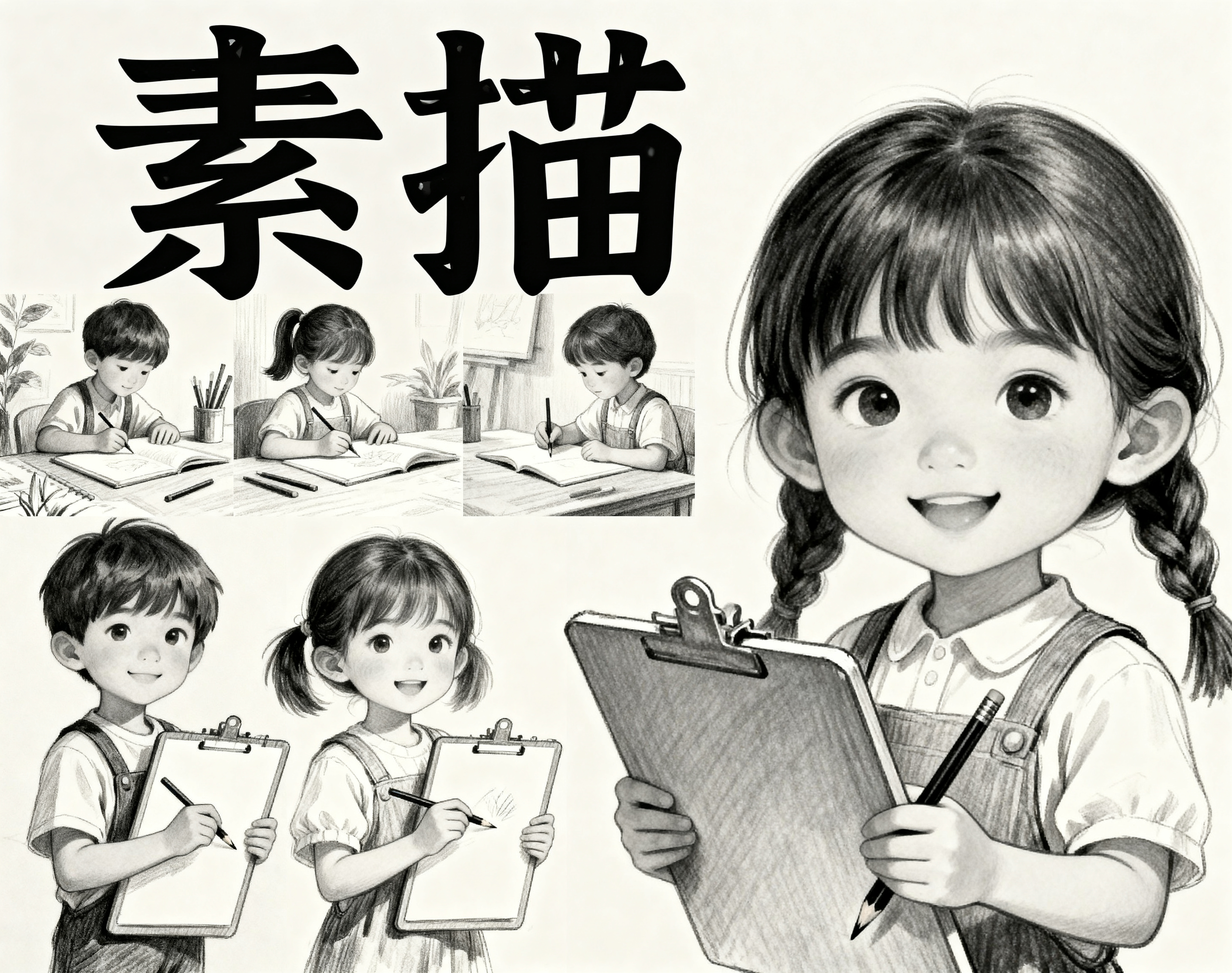 儿童艺术培训系列宣传海报，素描主题，画面包含可爱儿童和素描画板… - 图片创意预览