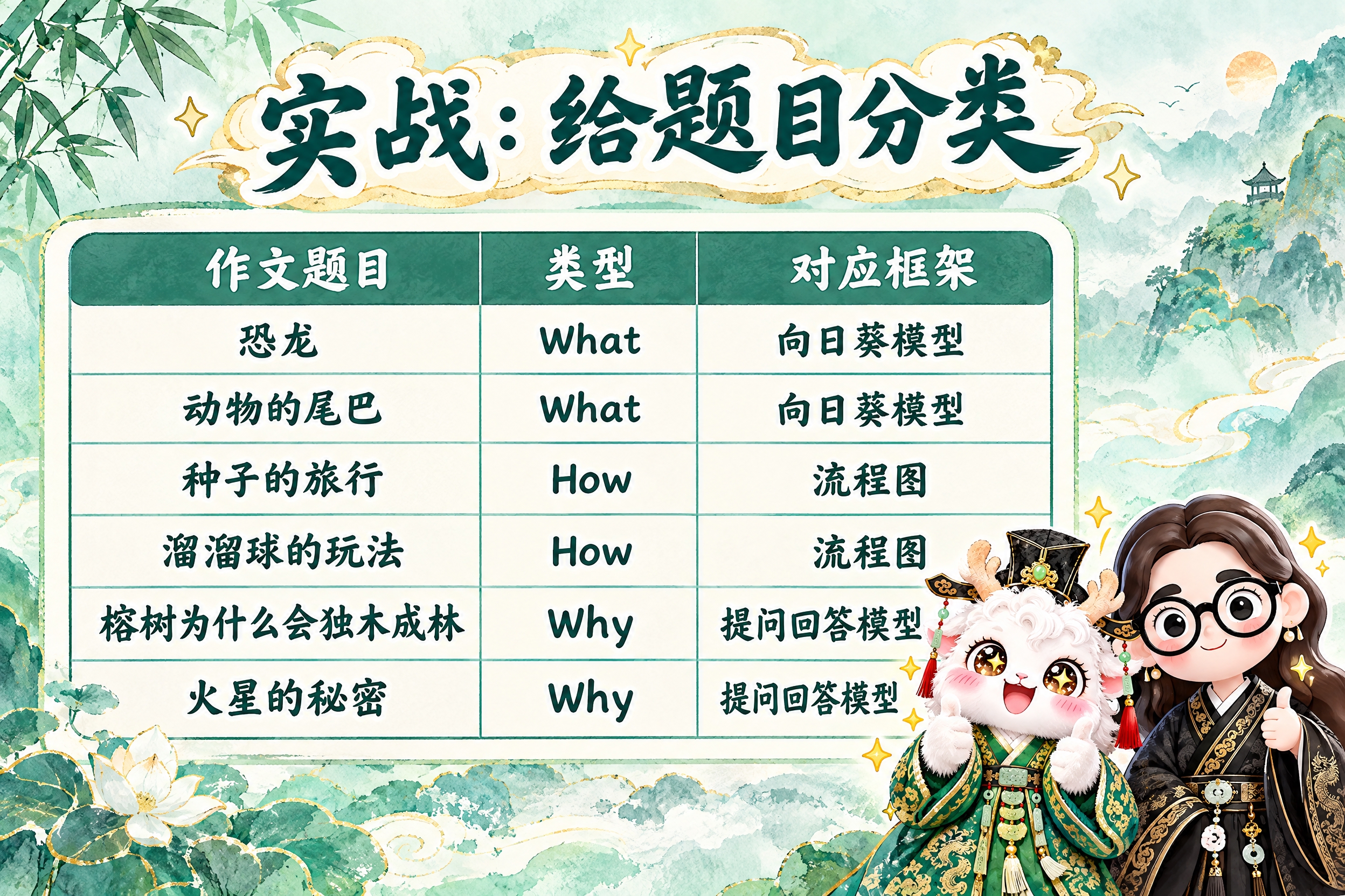 横版6寸比例的知识卡片设计，标题为"实战：给题目分类"，画面中… - 图片创意预览