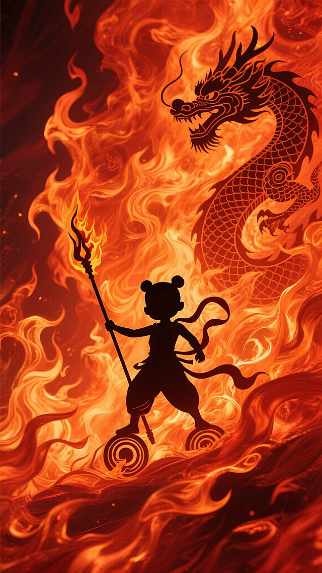 以橙红色为主色调，呈现出火焰燃烧的动态视觉效果，画面中充满了流动的、形态各异的火焰纹理，光影对比强烈，具有浓厚的炽热氛围。在这片熊熊燃烧的火焰背景中，融入哪吒的剪影元素，其姿态可设计为手持火尖枪、脚踏风火轮的经典形象，轮廓清晰且富有动感；同时加入龙纹剪影元素，龙纹可采用传统的盘旋形态，与哪吒的剪影相互呼应、融合，整体保持火焰燃烧的热烈风格和色彩搭配，营造出极具视觉冲击力的画面效果。