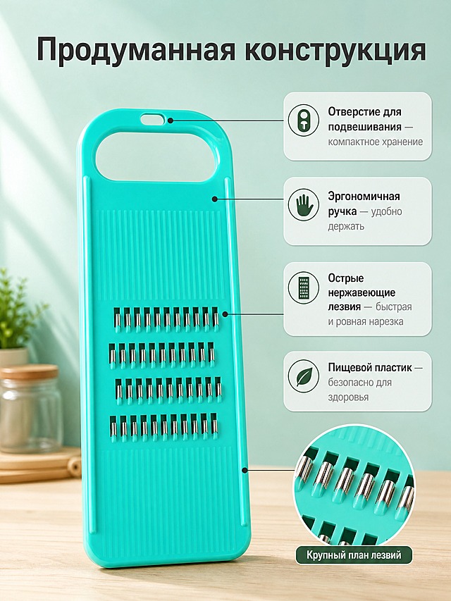 [商品] 使用【图1】薄荷青塑料手持刨丝器；保留整体长条形结构、顶部带悬挂孔的手柄、四排不锈钢齿刀、薄荷青塑料主体颜色与材质质感；商品处理：轻微修复表面瑕疵，增强塑料光泽与不锈钢齿刀金属质感，不改变结构、比例和颜色。
[画面] 目标：第2张结构细节解析页，说明锋利齿刀与人体工学设计为什么有用。构图：产品正面居中偏左，占画面约55%，右侧留白放信息卡与引线标注；细线从产品关键部位引出，指向右侧说明区；背景为薄荷青渐变哑光底，底部有浅木色台面延伸，保持厨房场景感。景别：产品中景 + 局部齿刀放大圆形插图（右下角小图）。
[视觉] 套系策略：风格=俄罗斯跨境极简商业摄影风，真实克制，干净高级；标题字=现代无衬线粗体（俄文）；正文字=简洁无衬线体（俄文）；主色=薄荷青（来自产品本体）；背景延展=基于薄荷青做深浅层级、同色低饱和渐变与细腻哑光质感；强调色=深橄榄绿，仅用于小面积图标、引线和标签；标题色=深炭灰；正文色=中暖灰；组件=圆角浅底信息卡、细线引线、简约图标；光影=左前侧柔和自然光，产品底部有自然接触阴影。
[文字] 顶部俄文主标题，右侧4个引线卖点。主标题：Продуманная конструкция；卖点1（指向齿刀）：Острые нержавеющие лезвия — быстрая и ровная нарезка；卖点2（指向手柄）：Эргономичная ручка — удобно держать；卖点3（指向悬挂孔）：Отверстие для подвешивания — компактное хранение；卖点4（指向塑料主体）：Пищевой пластик — безопасно для здоровья。右下角圆形小图标注：Крупный план лезвий。所有文字横向排版。
[规格] 图片比例3:4竖版，4K分辨率，负向提示：避免变形、错字、文字过小、亚洲面孔、冷蓝/蓝灰背景、产品颜色改变、结构失真、纯白底单调摆拍、尺寸标注图。
