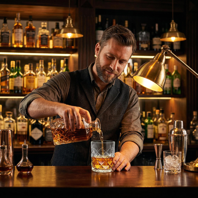 欧洲男性调酒师在酒吧吧台，正使用图中威士忌酒杯倒酒调酒，暖黄灯光，酒吧氛围感拉满预览效果