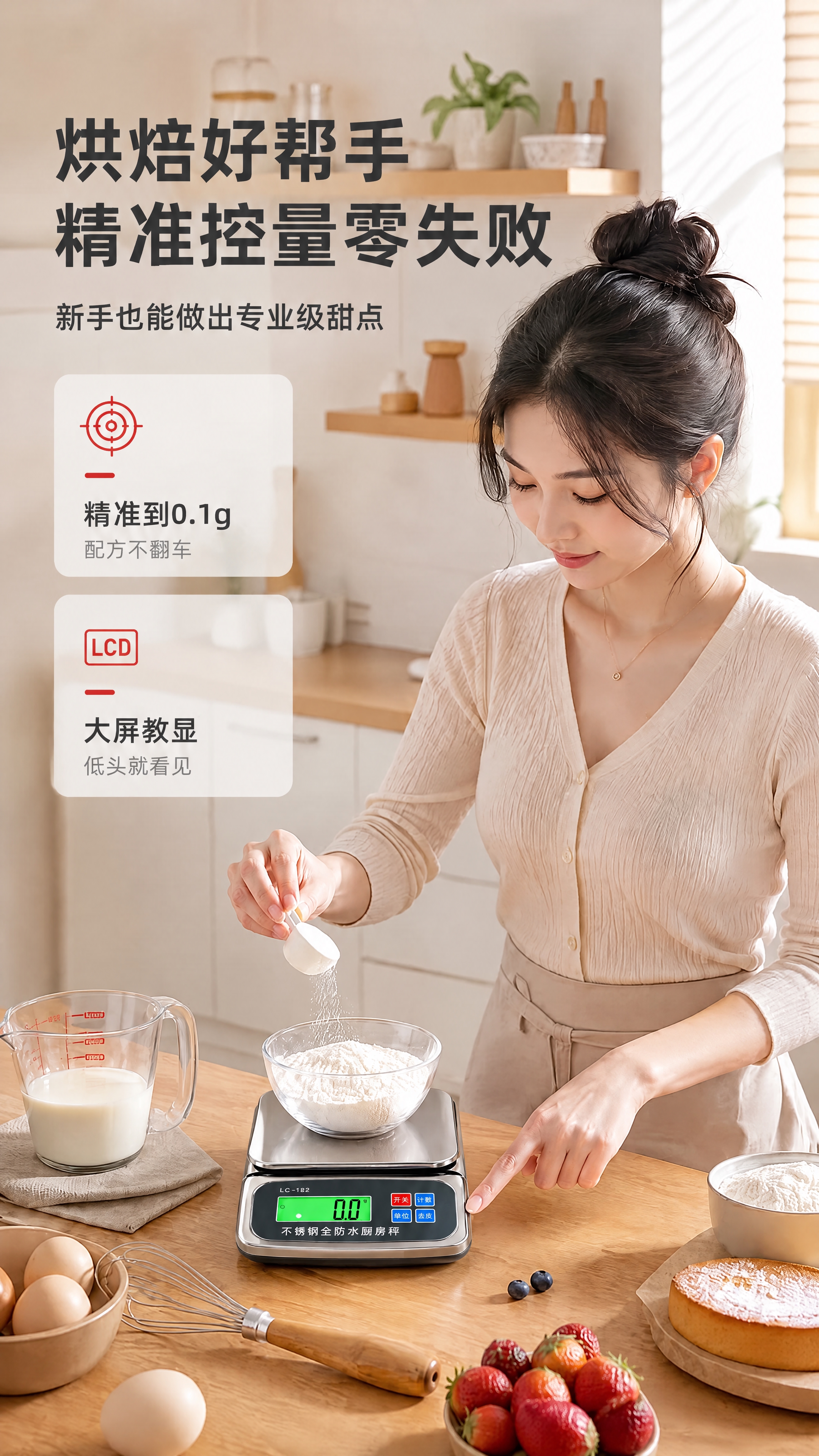 将图一中厨房台面上的电子秤替换为图二中的LC-182型号不锈钢… - 图片创意预览