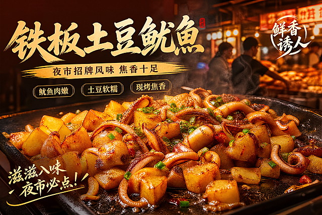 写实商业摄影风格铁板土豆鱿鱼美食海报，主标题"铁板土豆鱿鱼"，副标题"夜市招牌风味 焦香十足"，卖点标签"鱿鱼肉嫩""土豆软糯""现烤焦香"，装饰文案"鲜香诱人"。街头夜市烟火氛围，暖光照射，铁板上摆放着滋滋作响的土豆和鱿鱼，呈现热气腾腾的食欲感，画面层次分明，版式精美，主体突出，比例3:2横版，超高清4K画质，暖橙褐色调，焦香质感，留白合理，文字不遮挡主体