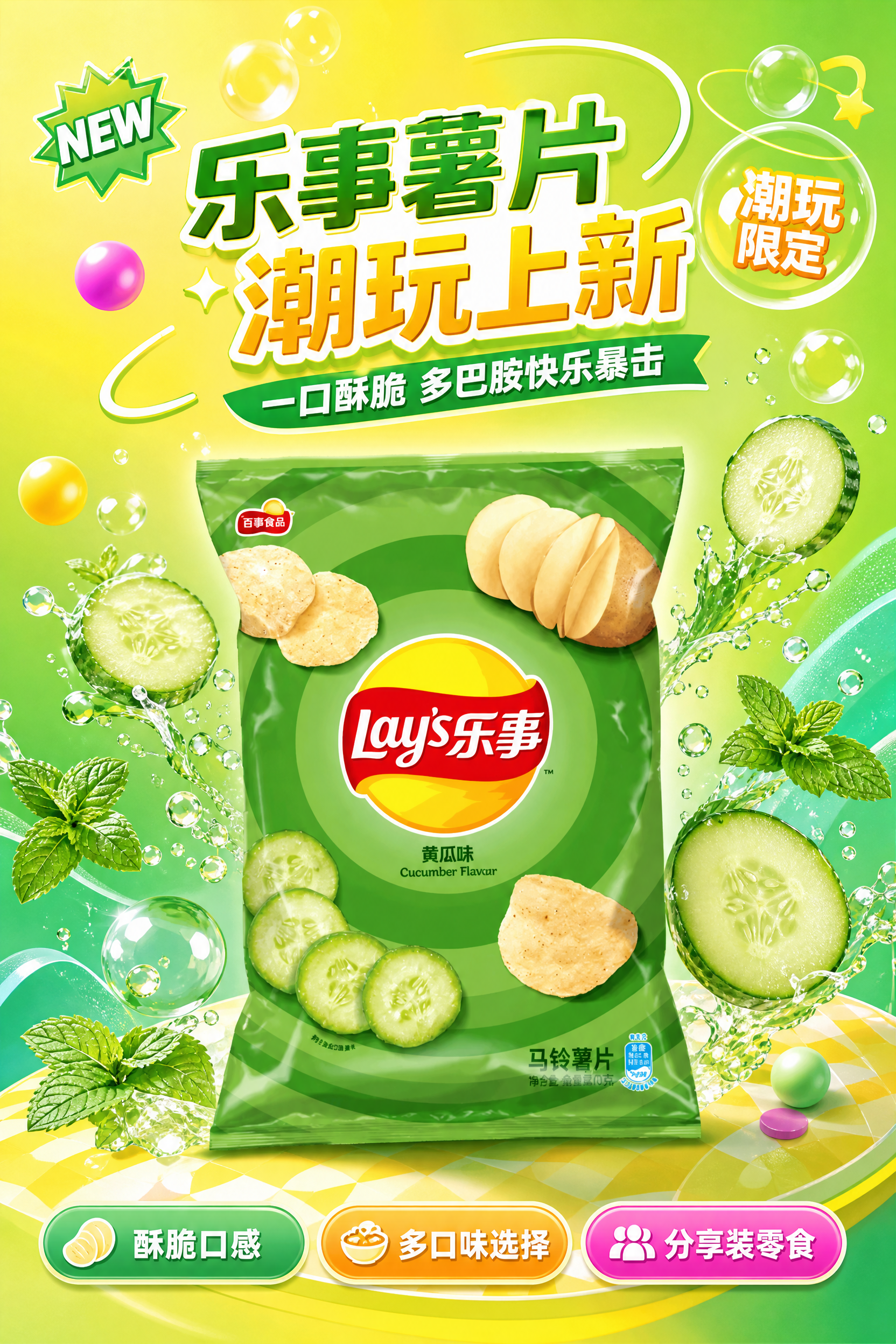 高饱和多巴胺潮玩风格电商海报，2:3竖版。画面主体为乐事黄瓜味… - 图片创意预览