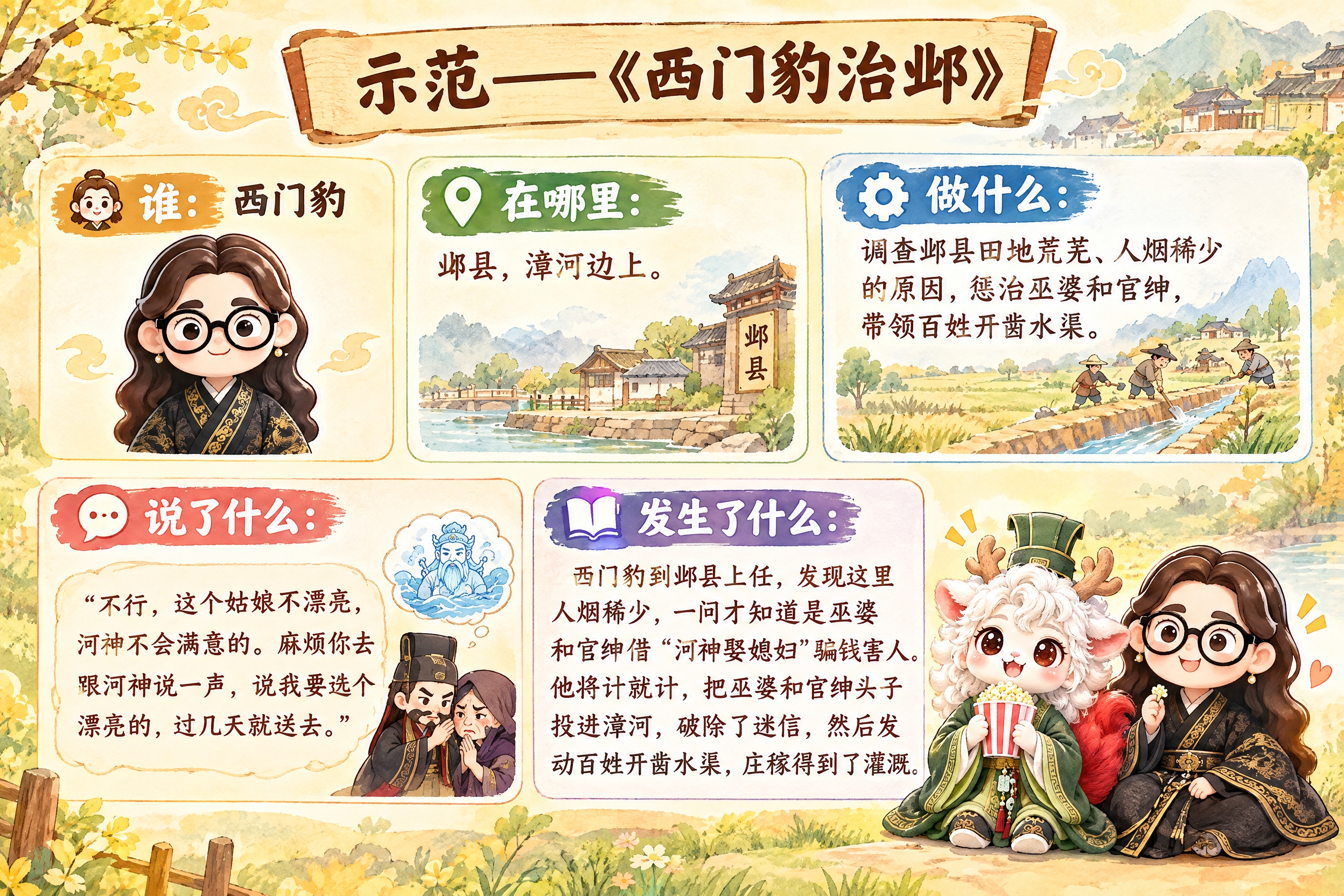 横版6寸比例的知识卡片设计，标题为"示范——《西门豹治邺》"，… - 图片创意预览
