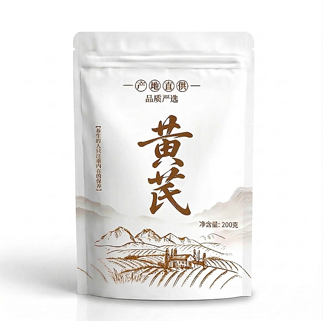 去除包装上“黄芪”书法字体两侧的黄芪植物插画，保留“黄芪”字体本身，其余包装内容保持不变，衔接自然