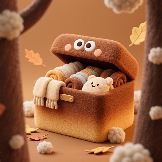 软3D风拟人收纳箱，毛发生长质感搭配暖色系面料，秋日落叶环绕，萌趣温馨，传递节日温暖氛围。