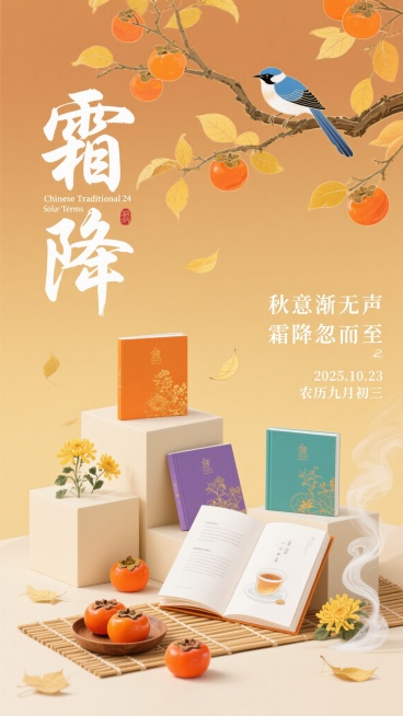 中国传统节气主题宣传风格，暖黄色和浅橙色为主色调，秋日温馨氛围。画面上方有带有橙色果实和黄色叶片的树枝，树枝上停歇着一只蓝白相间的小鸟；左侧有大大的“霜降”书法字体，字体旁标注“Chinese Tra预览效果