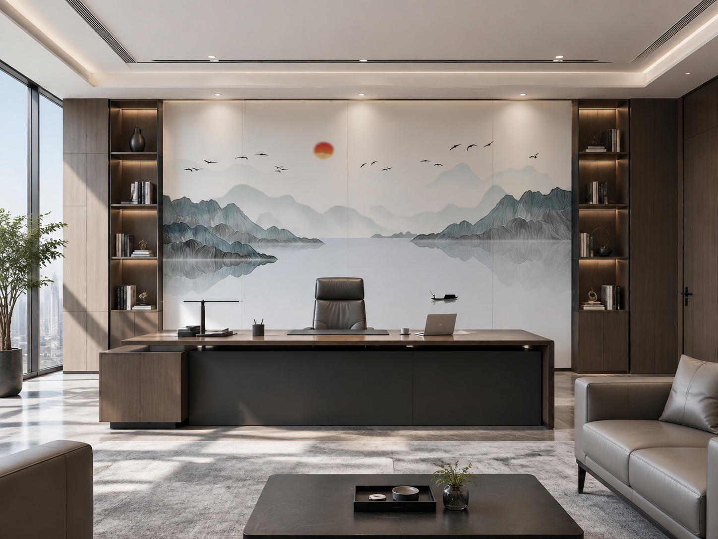 将这张水墨山水刺绣硬包背景墙图安装到高端总裁董事长办公室的主墙… - 图片创意预览