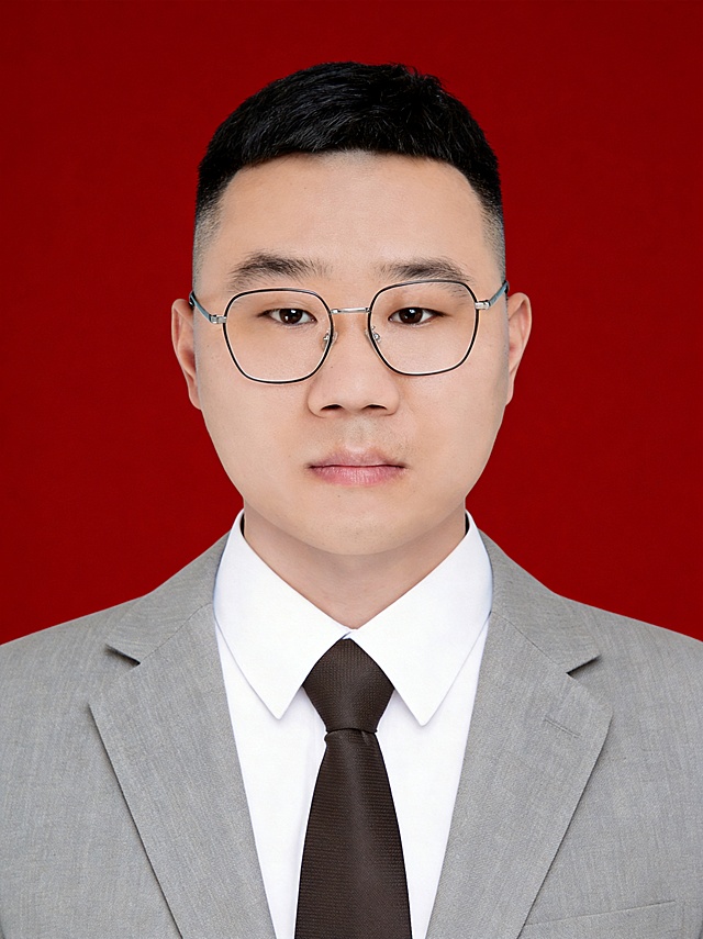 将第一张透明背景的人像图放置在纯净均匀的标准证件照纯红色背景上，背景铺满整个画面无任何白边渐变，人像完全保持原样不变，脸型、五官比例、头部形状、发型、眼镜、服装、表情、姿态全部与原图一致，不做任何变形修改，人物边缘干净利落与红背景自然融合，专业证件照质感