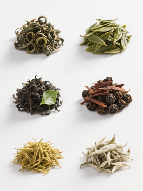 六组不同品种茶叶的规整排布组合，保持简约现代风格，每种茶叶以自然堆叠形态呈现其独特干茶形态与色泽，包含卷曲型绿茶、扁平型龙井、紧结珠状乌龙茶、条形红茶、针状黄茶、白茶等，每组分隔清晰，搭配1-2片对应品种的鲜嫩茶叶点缀，统一采用纯白色纯色背景，无任何文字、logo及水印，整体构图平衡对称，光影柔和自然，突出茶叶的质感与细节，色调以各茶叶天然色彩为主，形成和谐的视觉节奏。预览效果