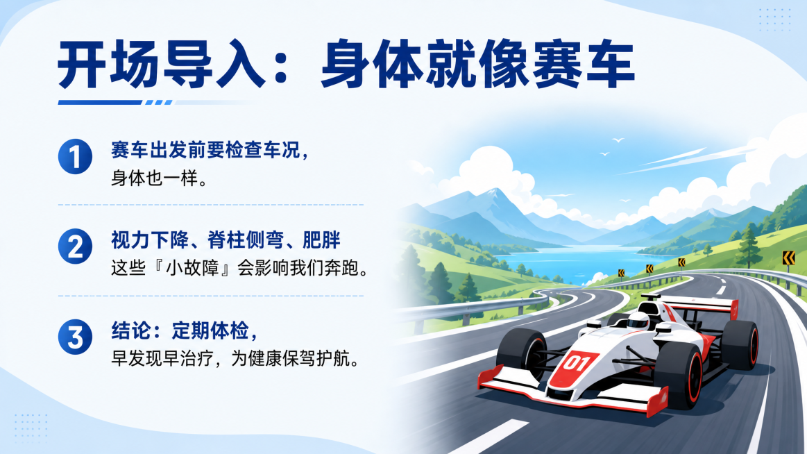 公开课PPT内容页，标题为"开场导入：身体就像赛车"，内容：赛车出发前要检查车况，身体也一样，视力下降、脊柱侧弯、肥胖这些"小故障"会影响我们奔跑，结论：定期体检，早发现早治疗，为健康保驾护航，背景为预览效果