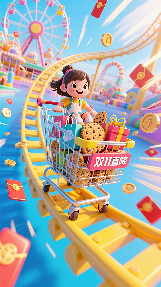 软3D风卡通女孩驾购物车驰骋游乐园，满载零食礼盒，红包金币飞舞，双11直降促销氛围浓厚，梦幻喜庆趣味十足。