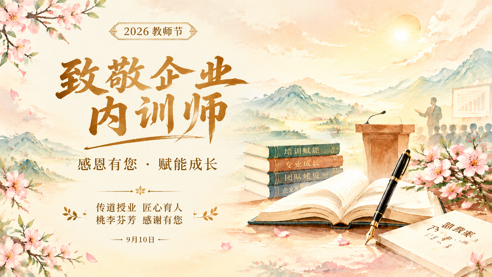 将这张竖版教师节海报改为横版 16:9 构图，保留原有手绘水彩… - 图片创意预览