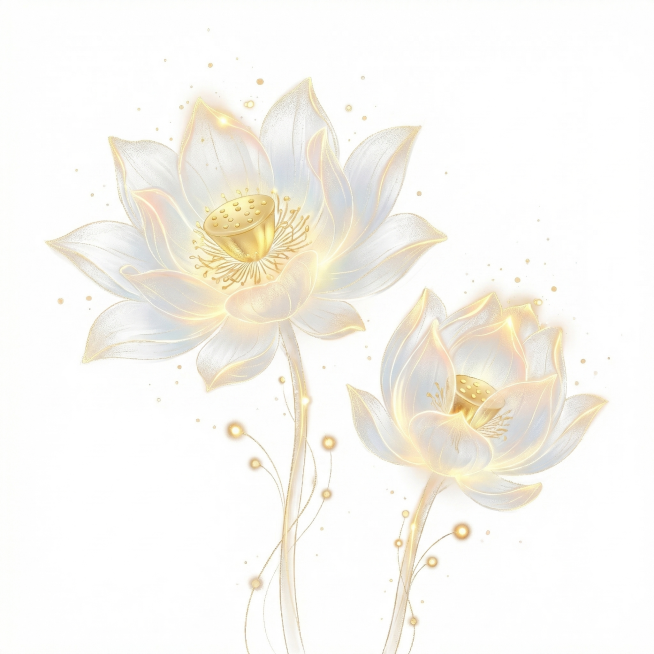 参考原图流光金线发光风格，生成两朵不同开放形态的荷花，保留透明描金发光质感预览效果