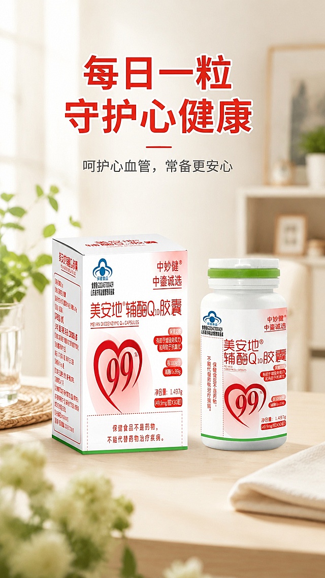 [第10屏] 收尾屏-日常常备，守护健康，本屏使用【图1】产品整体展示。
[氛围/风格] 温馨健康场景风，温暖治愈，美好生活质感。
[元素布局] 产品放置在画面中心偏下，占比约60%，背景搭配温馨浅居家场景虚化，前景添加简约绿植装饰元素，产品包装外观与原图完全一致。
[光影质感] 柔和自然光，整体温暖明亮，产品清晰突出，背景虚化营造层次，氛围舒适。
[配色色系] 全局底色 #F3F0E9；主色产品红色和背景浅暖色调，搭配绿色点缀，文字深灰色，整体氛围协调温暖。
[视角构图] 中心构图，产品稳定摆放，场景层次自然舒适，阅读动线自然。
[文字版式] 上方主标题「每日一粒 守护心健康」红色加粗；副标题「呵护心血管，常备更安心」浅灰色字体；文字位于产品上方，不遮挡产品主体，字体风格保持全程一致。
[比例分辨率] 9:16 竖版比例，4K分辨率，文字清晰可辨，高清画质。
[负向提示词] 产品变形，包装文字错乱，背景杂乱，文字模糊，水印