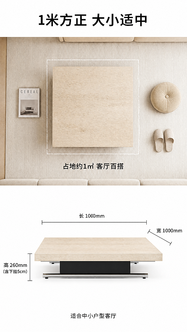 [第6张] 空间尺度页-1000×1000×260mm尺寸与占地示意。本张使用【图1】作为商品主体，台面改为黄洞石岩板。
[氛围/风格] 现代简约尺寸解析风，亮色调，清晰直观，商业摄影质感。
[元素布局] 画面上半部分为俯视视角的客厅地面示意，茶几位于中心，用虚线框标注占地面积，旁边有参照物（如一本杂志、一个坐垫、一双拖鞋）体现尺度；下半部分为茶几正视图，带尺寸引线标注：长度1000mm、宽度1000mm、高度260mm、下挂5cm。
[光影质感] 顶部均匀柔光，无强烈阴影，整体明亮干净，尺寸标注清晰。
[配色色系] 全局底色 #FFFFFF（纯白亮调）；主色 米黄洞石 + 深灰碳素钢；辅助色 浅灰引线、黑色尺寸数字、浅米色地面。
[视角构图] 上下分区，上俯视占地示意，下正视尺寸标注，阅读动线上→下。
[文字版式] 顶部主标题「1米方正 大小适中」；俯视区标注「占地约1㎡ 客厅百搭」；正视图三条尺寸引线：「长 1000mm」「宽 1000mm」「高 260mm（含下挂5cm）」；底部小字「适合中小户型客厅」；字体为等线黑体，数字清晰醒目。
[比例分辨率] 9:16 竖版比例，4K分辨率，文字清晰可辨，高清画质。
[负向提示词] 尺寸标注错误，产品变形，结构错误，颜色偏差，水印，文字错乱，背景杂乱。