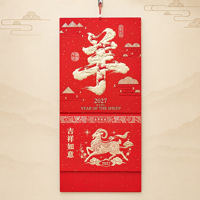 产品精修实物实拍图，挂历严格参照上传产品图，完整保留所有可见组件、部件、轮廓、结构、比例、材质、颜色与产品本体上的所有文字信息（包括封面图案、恭贺新禧装饰条、吉祥如意羊年广告位、2027字样、底部红色底座红板等全部细节），与上传图完全一致，绝不删减或改动产品本身任何部分，产品规格360*770比例保持不变。背景完全参考参考图的风格：浅米黄色新中式国潮背景，顶部有祥云纹样装饰，整体暖色调高级质感，背景干净简洁突出产品。专业商业棚拍光，5500K标准中性白光，轮廓光，体积光，曝光正确，强烈真实立体感，接地处保留干净浅淡的自然接触阴影，严禁大片投影、脏灰阴影和悬浮感，主体居中，商品完整入画不裁切，商品外轮廓视觉体量约画面65%-75%，四周均匀留白，严禁满幅铺满与贴边顶满，极致超清画质，细节清晰锐利，商业级实拍质感，保留原图真实材质与结构细节，明显提升商品表面洁净度，清理灰尘、污渍、指纹、油污、胶痕和霉点，让表面从脏旧发闷变为干净可售卖状态，修复划痕、磨损、掉漆、飞边毛刺和使用旧痕，翻新为干净商业新品感，基于原图材质恢复纹理、颗粒、折射、高光、柔韧折痕、透明边线或工艺细节，避免糊成塑料感，锁定原图商品颜色，颜色以输入图为唯一参考，分段部件颜色边界按原图锁定，还原真实物理色彩，消除灰暗感和偏色，正视图，标准透视校正，正常透视焦段，保持同类机位，画面整体比例1:1正方形构图，挂历居中放置。