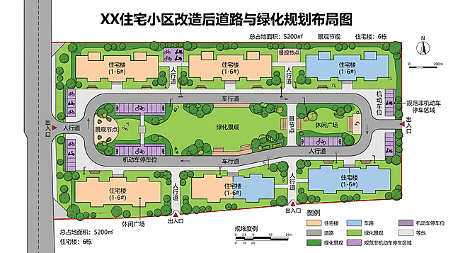 XX花园为建成22年的老旧住宅小区，总占地面积5200㎡，共计6栋住宅楼，常住居民380户。小区现存雨污管网混流、管道破损堵塞、内部道路开裂坑洼、无规范非机动车停车区域、绿化杂乱、照明设施老化等市政配套问题，严重影响居民出行与居住环境。生成市政改造效果图、管网示意图、道路绿化布局图，作为设计与PPT素材