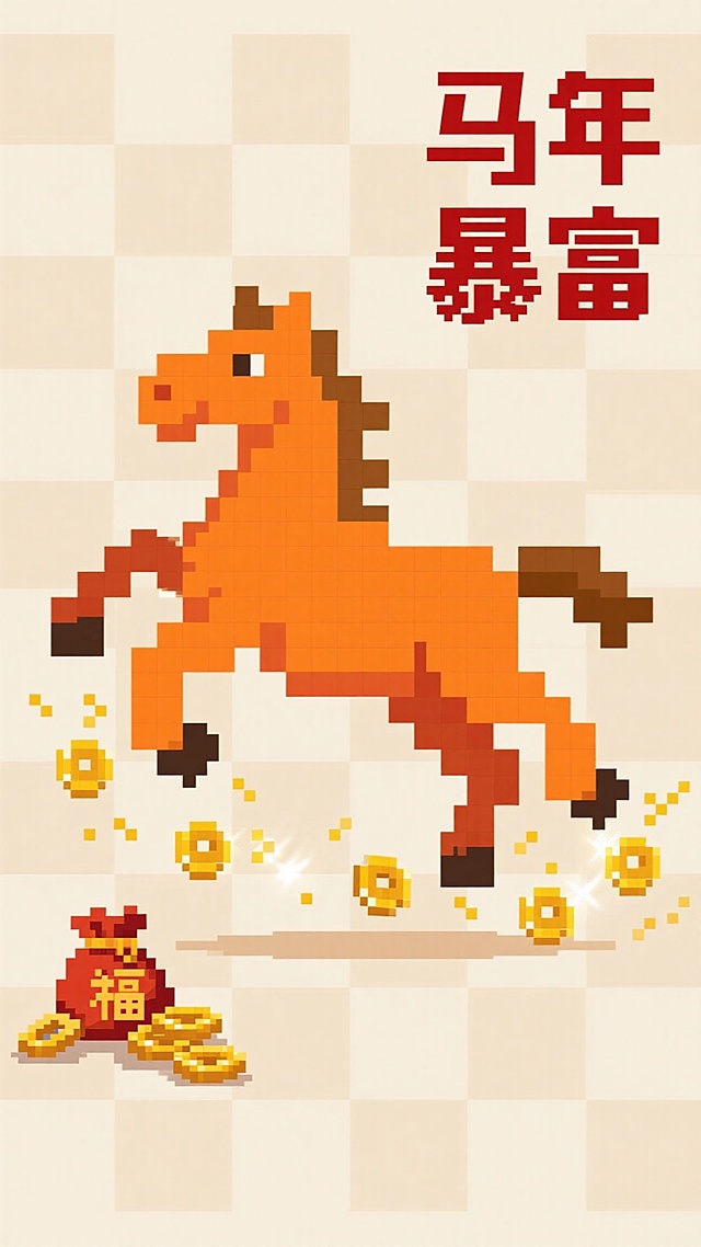 以复古红白机的像素画质呈现，底色是浅米色像素格。画面中央是 8 位像素风格的奔马，身体用橘色像素块拼接，马蹄踩踏着金色像素金币，每一步都溅出小像素点模拟金光。右上角用像素字写 “马年暴富”，左下角放一个像素化的铜钱和小福袋。整体像复古游戏画面，适配喜欢怀旧风的需求