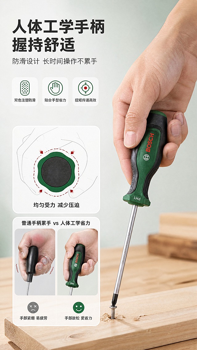 [商品] 使用【图1】博世十字螺丝刀PH1×100mm；严格保留原始产品比例和尺寸，S2合金钢银色杆身、绿色+黑色防滑人体工学手柄、红色BOSCH竖排Logo、PH1标识均保持原样，产品不得变形，金属与橡胶材质真实。
[画面] 目标：人体工学手柄形象化展示，通过多角度握持+受力示意+对比体现舒适省力。构图：画面右侧主体为一只亚洲男性右手正握螺丝刀拧入木板的动态特写（约50%），手部肌肉自然放松，拇指与食指贴合手柄防滑区，展示贴合手型；左侧分上下两个小区块：上方是手柄横截面轮廓叠加手掌贴合示意图（显示手柄曲线与手掌完美贴合，受力均匀分布），下方是普通直柄 vs 人体工学手柄的握持对比小图（普通手柄手部紧绷，人体工学手柄手部放松）；背景浅灰绿渐变，木质工作台面。
[视觉] 套系策略：风格=清新专业工业风商业摄影；标题字=粗黑体硬朗无衬线；正文字=简洁无衬线体；主色=浅灰+博世绿；背景延展=浅灰到浅绿的柔和渐变，信息卡用白色圆角底；强调色=博世红，仅用于受力点标注和图标；标题色=深炭灰；正文色=中灰色；组件=白色信息卡、受力分布示意图、对比小图、细线引线；光影=右前侧暖柔光，突出手部动作与手柄质感，手柄与手掌接触处有柔和阴影体现贴合度。
[文字] 左上主标题"人体工学手柄 握持舒适"，副标题"防滑设计 长时间操作不累手"；3个卖点配图标："双色注塑防滑"、"贴合手型省力"、"扭矩传递高效"；横截面示意图旁标注"均匀受力 减少压迫"；对比图旁标注"普通手柄累手 vs 人体工学省力"。全部横排。
[规格] 图片比例9:16竖版，4K，负向提示：避免产品变形、比例失调、错字、文字过小、产品颜色改变、卡通风格、深色背景、黑底、京东Logo或平台水印、竖排文字、欧美面孔。