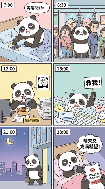 9:16竖版条漫，共6个面板从上到下：1.7:00闹钟响，卡通熊猫黑眼圈拍手机，气泡"再睡5分钟…"，马卡龙色背景；2.8:30像沙丁鱼挤进地铁，马卡龙色背景；3.12:00工位上吃外卖刷手机，马卡龙预览效果