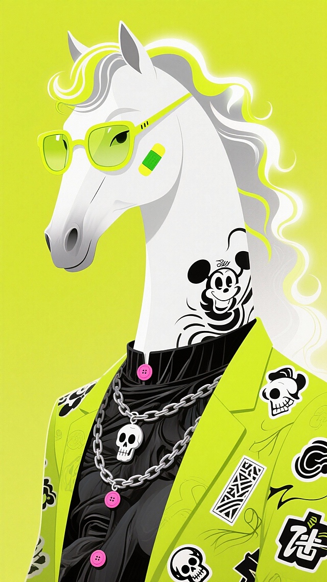 潮流酷炫的拟人马，霓虹绿配色，波普艺术风格，卡通插画风，融合骷髅与米奇纹身，时尚感十足。