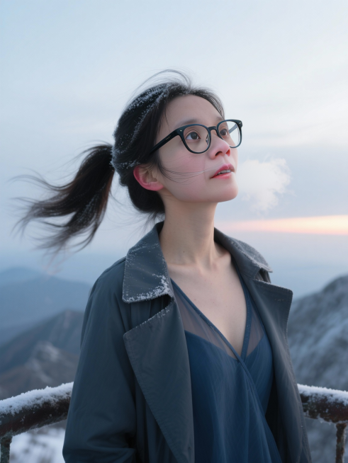场景创意：山顶观景台 · 日出前最后一刻的屏息
镜头从脚下翻涌的云海切入，灰蓝天幕低垂，群山轮廓如墨线勾勒。寒风凛冽，吹动衣角猎猎作响。画面迅速推近，定格在一张年轻女子的近景特写上，框定自发顶至锁骨上预览效果