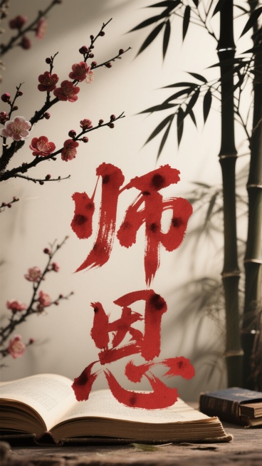 书法大字“师恩”红色水墨晕染，梅花和竹叶剪影，旧书的颜色，传统文化，国风书香。预览效果