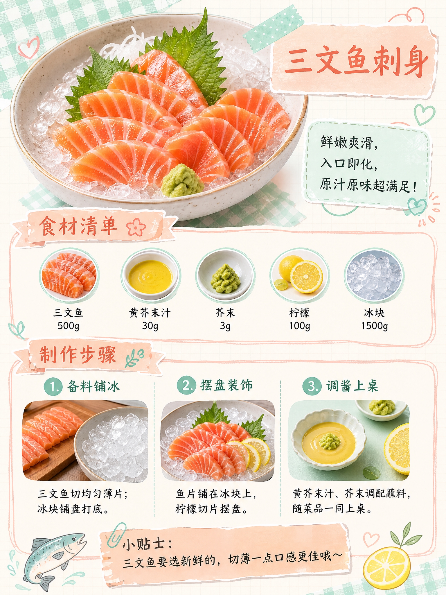 参照参考图的版式骨架和手绘食谱风格，重新设计一款三文鱼刺身的菜… - 图片创意预览