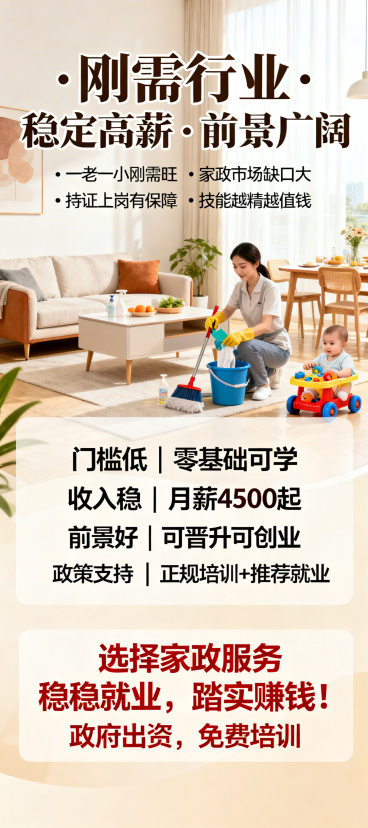 家政服务员招生海报，顶部核心位置突出“刚需行业 · 稳定高薪 · 前景广阔”，下方分四点展示“一老一小刚需旺、家政市场缺口大、持证上岗有保障、技能越精越值钱”；中间区域清晰呈现就业优势：“门槛低｜零基预览效果