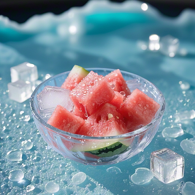 玻璃碗中冰镇西瓜，清透水珠点缀，夏日清爽感十足。