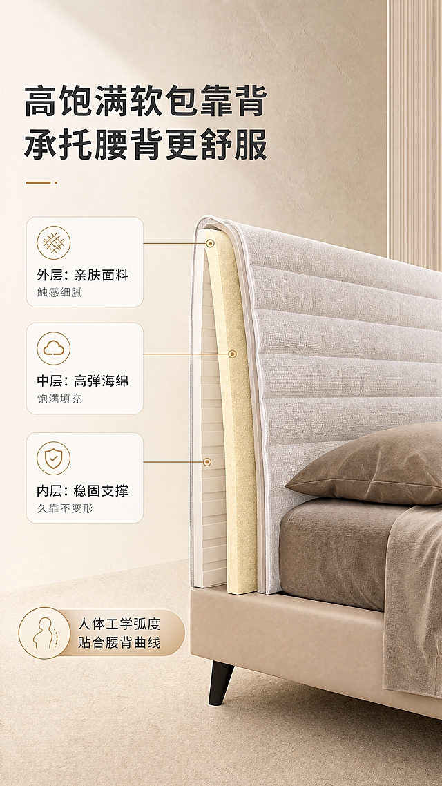 [商品] 使用【图1】现代简约软包双人床；商品处理：保留床头高靠背、米白色软包、浅米色床架的整体结构与颜色；对床头靠背做分层剖切示意，展示内部高饱满填充结构；增强面料纹理质感，不改变床的外部版型。
[画面] 目标：第4张-软包靠背深度解析，突出高饱满软包靠背的承托结构与舒适原理。构图：右侧为床体侧视大图，床头靠背占画面主要位置，靠背做半透明分层剖切示意，显示外层面料、中层海绵、内层支撑三层结构；左侧为文案区+3个结构标注卡；用引线从靠背各层引出标注；背景为简约浅色系墙面，突出靠背结构。
[视觉] 套系策略：风格=现代简约轻奢商业摄影+结构示意图；标题字=现代无衬线粗体中文；正文字=简洁无衬线体中文；主色=米白+浅奶咖；背景延展=基于米白奶咖做深浅层级、同色渐变和细腻墙面质感；强调色=暖棕金，仅用于小面积图标、引线、标签和装饰线条；标题色=深炭灰；正文色=中暖灰；组件=圆角浅底信息卡、细线引线、胶囊形卖点框；光影=左前侧暖柔光，突出靠背立体感与分层结构。
[文字] 左侧顶部主标题"高饱满软包靠背 承托腰背更舒服"（大字号粗体）；下方3个结构标注卡，通过引线连接靠背各层："外层：亲肤面料 触感细腻"、"中层：高弹海绵 饱满填充"、"内层：稳固支撑 久靠不变形"；底部补充"人体工学弧度 贴合腰背曲线"；文字均为横排，不遮挡床体主要结构。
[规格] 图片比例9:16竖版，4K，避免变形、错字、文字过小、冷蓝/蓝灰背景、床颜色改变、结构失真、极限词。