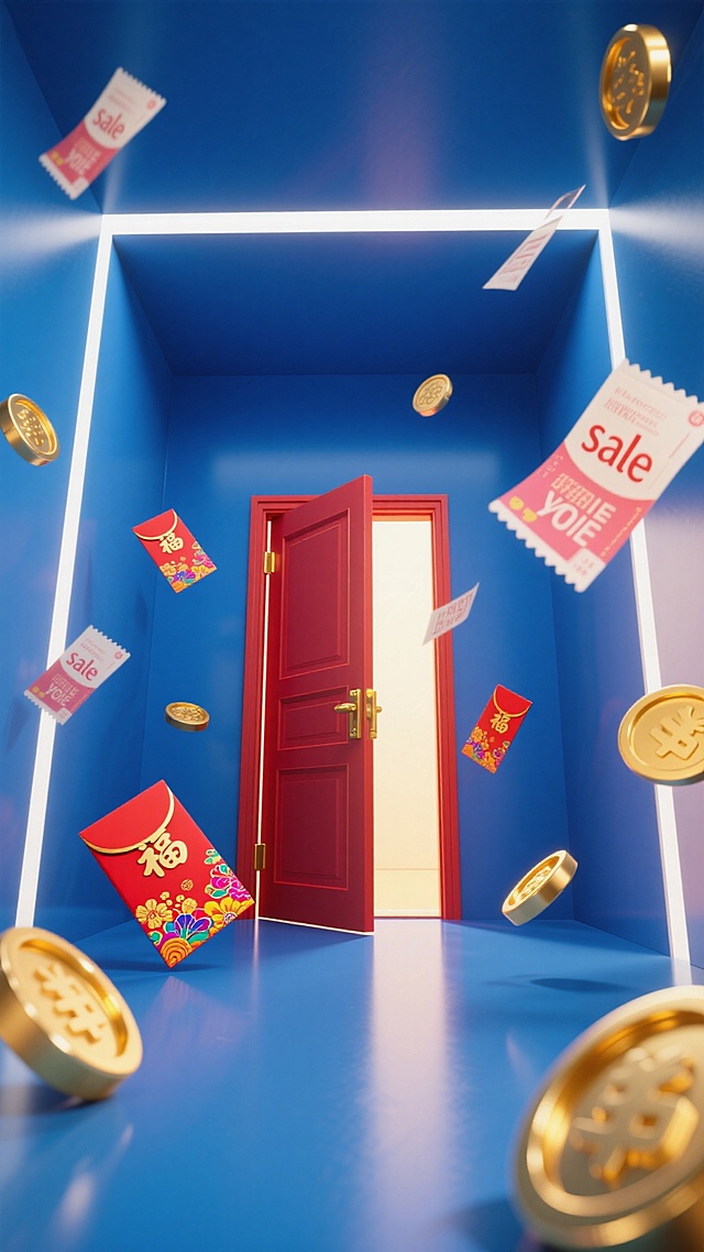 蓝色立方体空间尽头是打开的红色大门，四周的金币、红包、sale优惠券向门急速飞去，强动态感