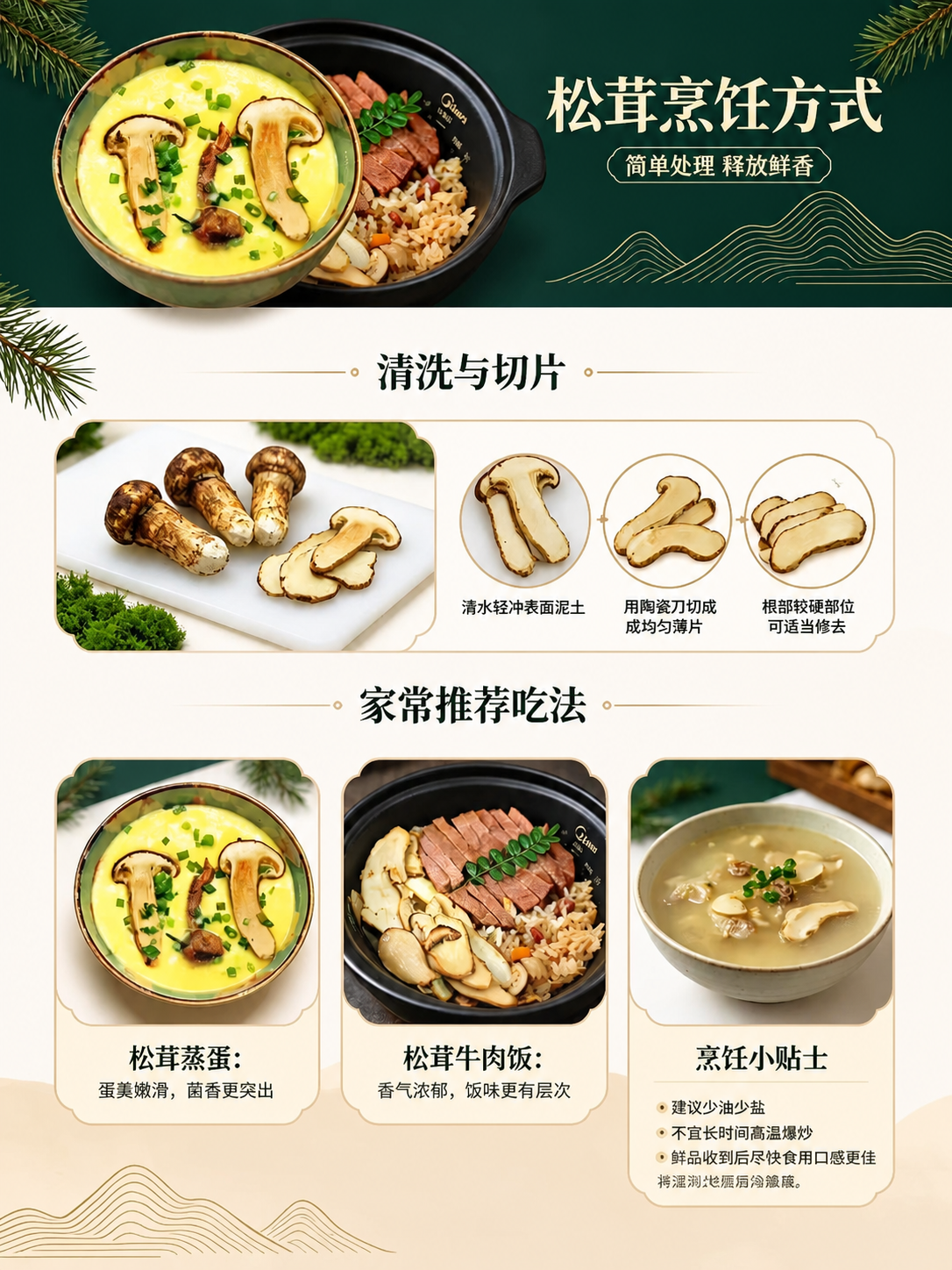 优化这张'松茸烹饪方式'的详情页图片，提升整体画质和质感：美食… - 图片创意预览