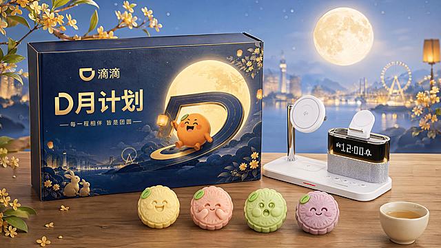 商业级中秋礼盒产品摄影，蓝色烫金天地盖礼盒采用第一张图的风格与配色，礼盒质感细腻高级；礼盒旁边摆放用第二张图生成的四块同款表情月饼，还有第三张图的白色多功能手机支架；多产品融合共现，所有产品不重叠、不遮挡，预留合理物理空间，保证完整展示；背景为和礼盒蓝色搭配的浅亮中秋氛围图，不要偏暗，包含圆月、桂花元素，整体明亮温馨符合中秋氛围；产品均为画面绝对焦点，严格保留各产品原本的样式、轮廓、颜色、结构与细节；采用三分法构图，平视视角略微偏转30°；整体风格为新中式轻奢；场景概念是中秋氛围感桌面展示；承载面是浅胡桃木纹理实木桌面；背景是浅蓝柔焦中秋夜空；陪衬物：①画面左角落，一枝带花朵的桂花枝条，鲜绿色嫩黄色；②画面右下角，一只米白色陶瓷小茶杯；配色：主色调深蓝色搭配烫金，辅助色米白色浅胡桃色，点缀色嫩黄鲜绿色；材质：实木/陶瓷/纸质礼盒/冰皮月饼/ABS塑料；主光从侧前方45度斜入，照亮产品正面，辅光为环境暖色反射，产品边缘有柔和轮廓光，礼盒烫金部分细腻反光，月饼表面柔润哑光，手机支架塑料部分哑光柔和；4K写实光追，严格锁定宽高比为 16:9。
