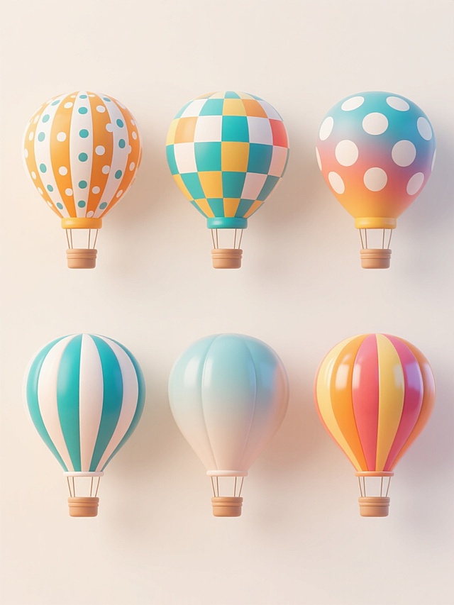 六个不同样式和材质的热气球元素，每个热气球都具有独特的图案和质感，如条纹、波点、格纹、渐变、哑光和亮面等材质效果，色彩鲜艳明快，采用柔和的浅色背景，热气球元素分为上下两行整齐排列，每行三个，整体构图简洁平衡，具有清晰的视觉层次和信息传达效率，符合现代装饰设计的审美风格。