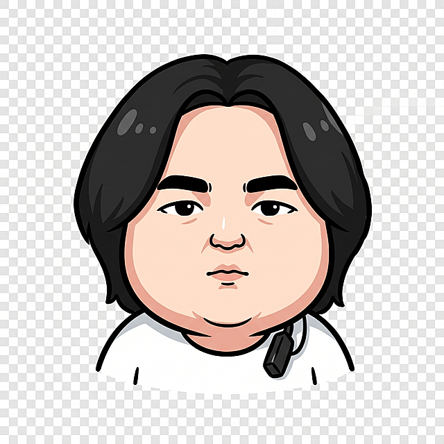 提取参考图片的面部特征：黑色中分齐肩短发，圆润宽脸型，浓黑眉毛，肤色偏白，生成Q版半身卡通形象，保持原图人物特点，背景为透明，卡通插画风格