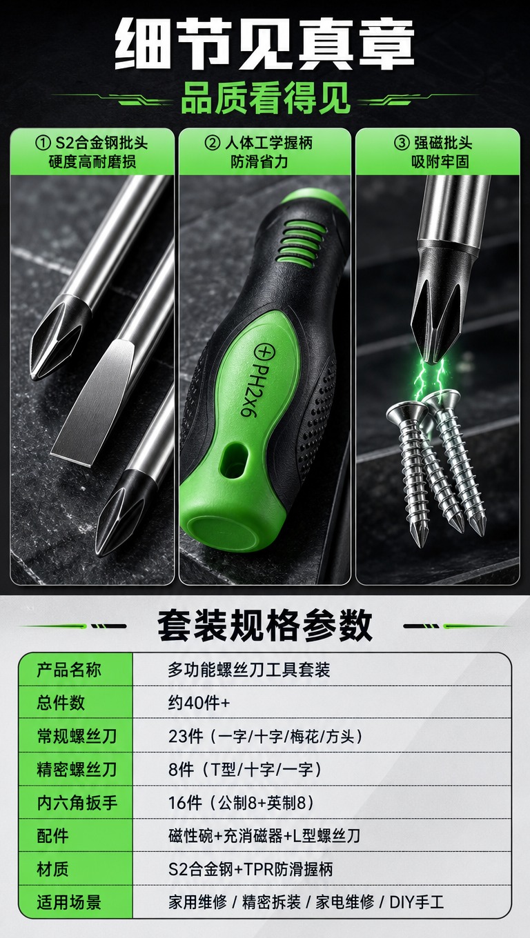 [商品] 使用【图1】绿色常规螺丝刀组的握柄和批头细节；保留握… - 图片创意预览