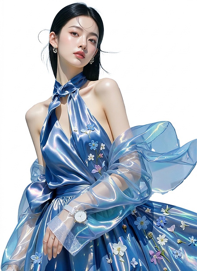 衣服改成蓝色流光系，裙子上有鲜花点缀